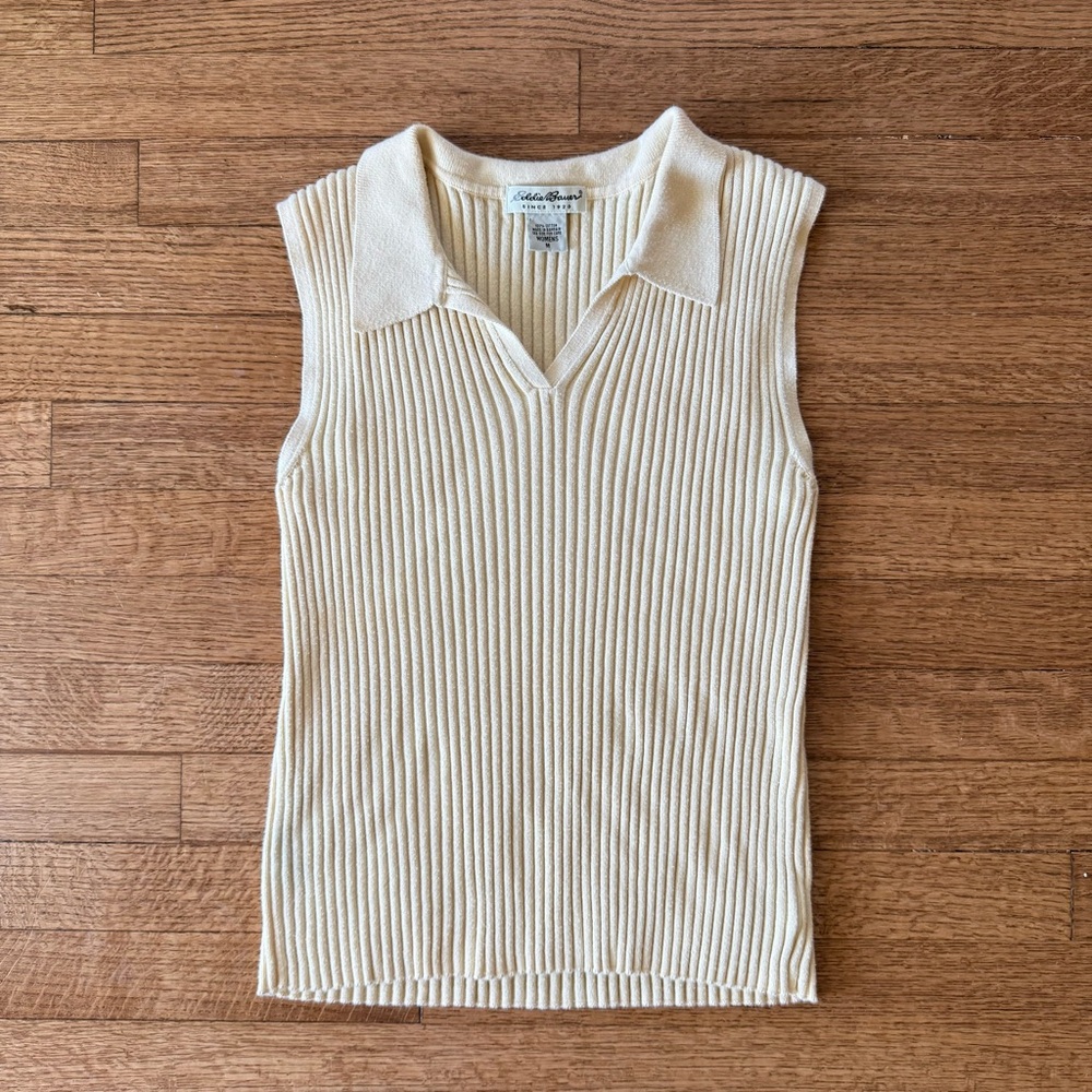 Vintage Eddie Bauer Butter Yellow Ribbed Collared Sleeveless Knit Tank Top
